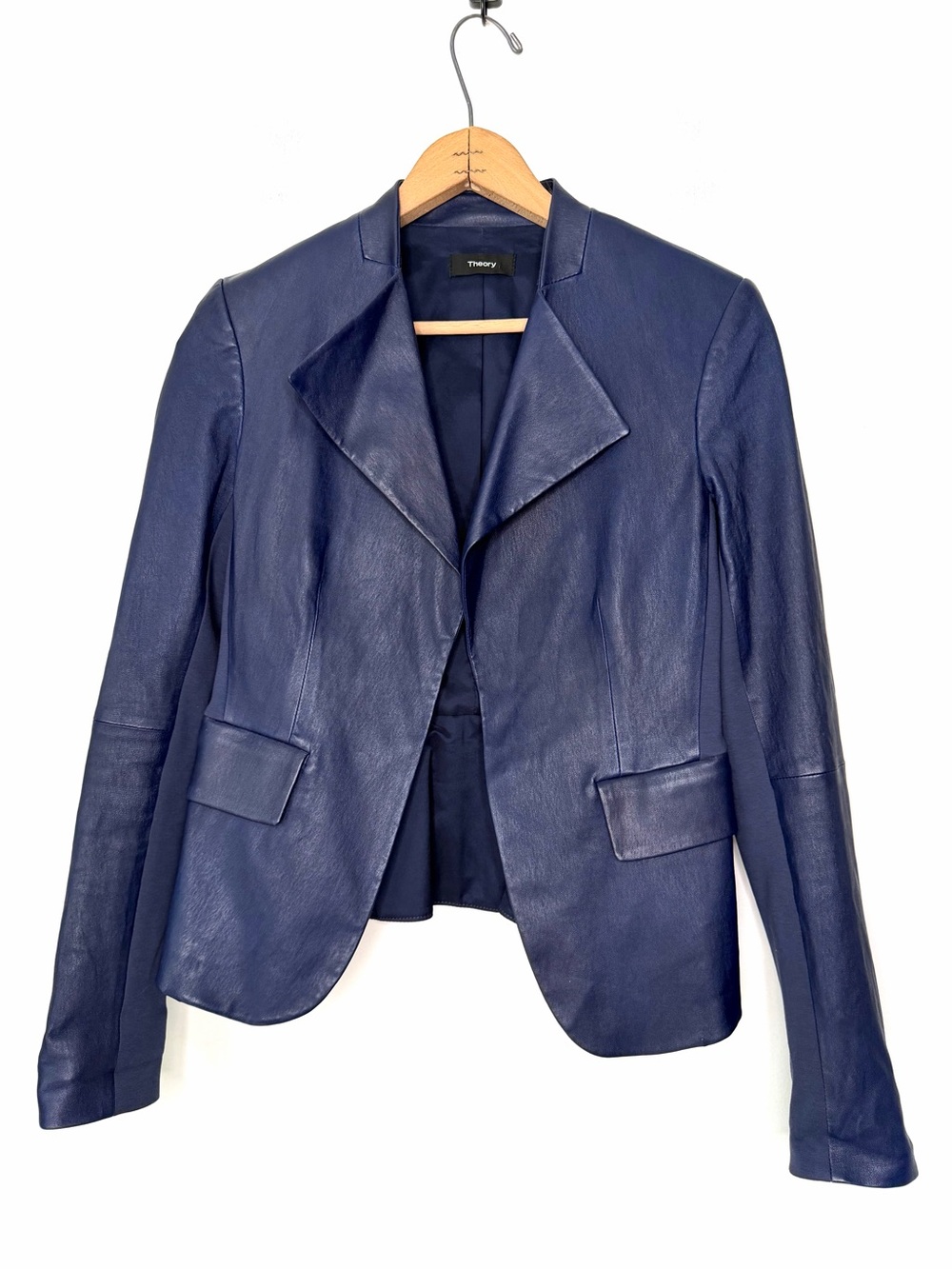 Theory Dark Blue Tailored Fit Open Lamb Leather Jacket Back Peplum Size Small